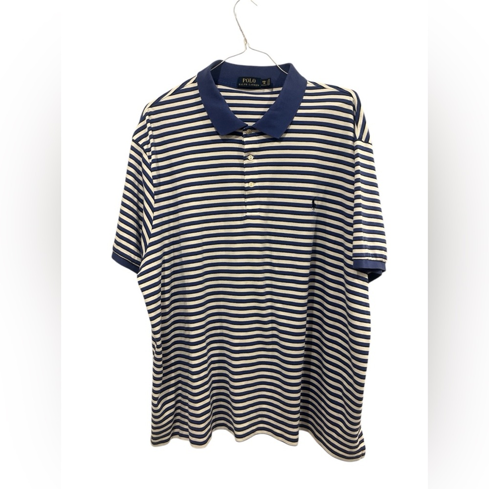 Polo Ralph Lauren Shirt Men’s 3XB‎ Big White Blue Striped Short Sleeve Pony EUC